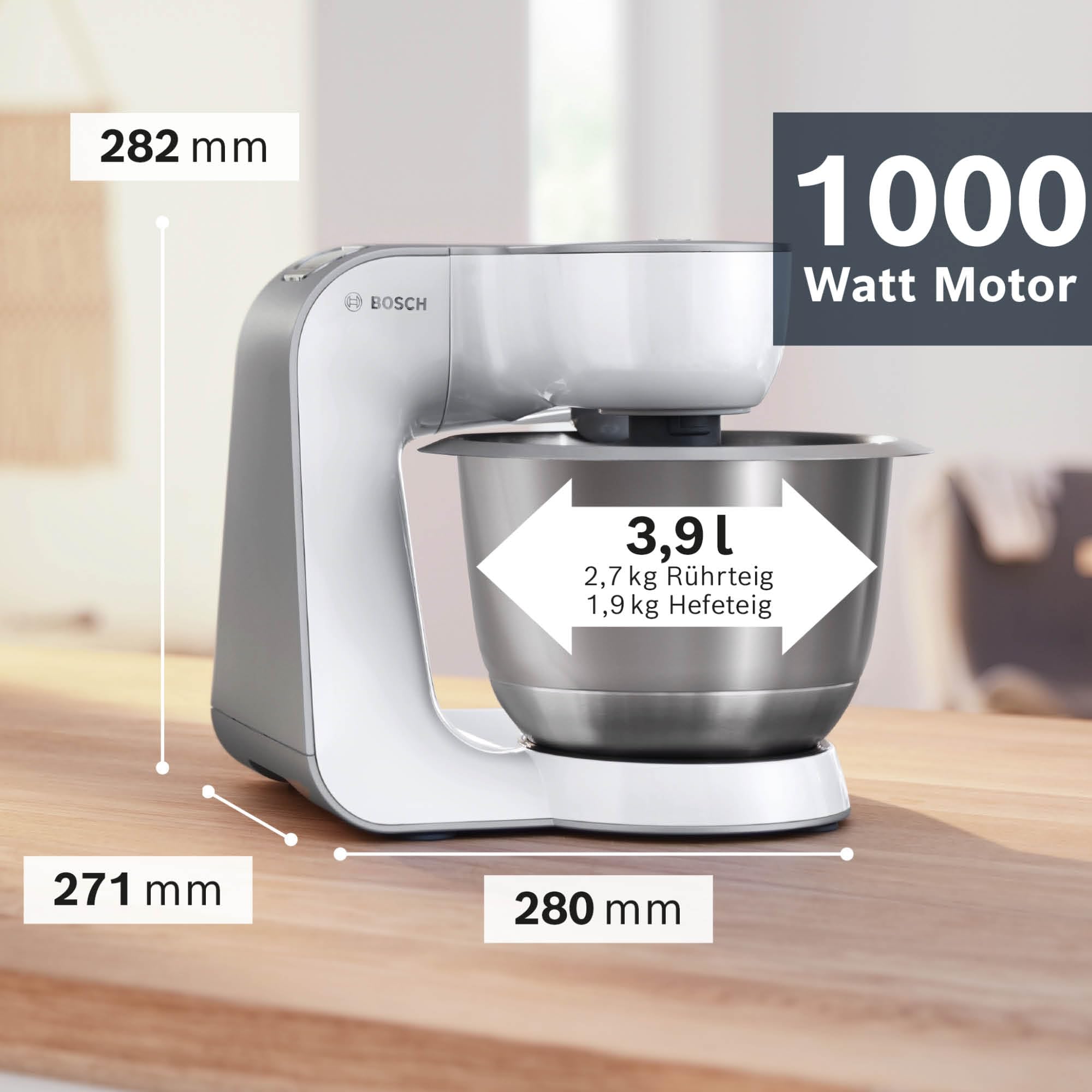 Bosch Küchenmaschine Serie 4, Edelstahl-Schüssel 3,9 L, Patisserie-Set Edelstahl, Knethaken, Schlagbesen, Rührbesen, Durchlaufschnitzler, 3 Scheiben, 1000 W, weiß/silber, MUM58210