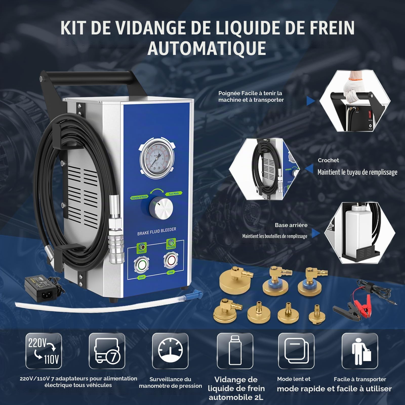 PLAYOCCAR Purgeur Freins Electrique avec 7 Adaptateurs -110V/220V, Kit Purge Liquide Frein Moniteur Pression, 2 Modes Compatible avec Benz/BMW/Audi etc, Changeur Liquide Frein Electrique 0~3 Bar