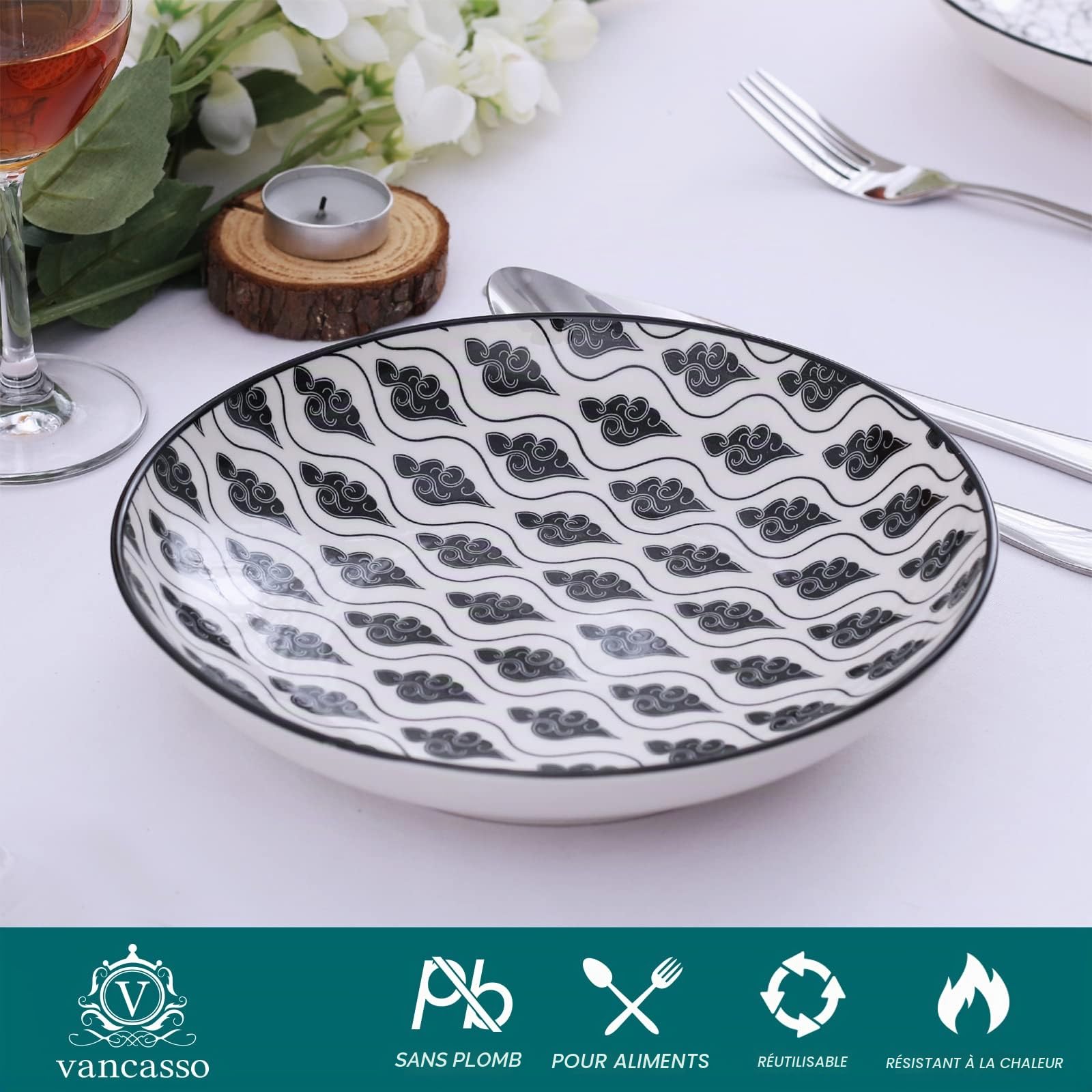 vancasso Haruka Lot de 4 assiettes creuses en porcelaine - Diamètre : 21 cm - 700 ml