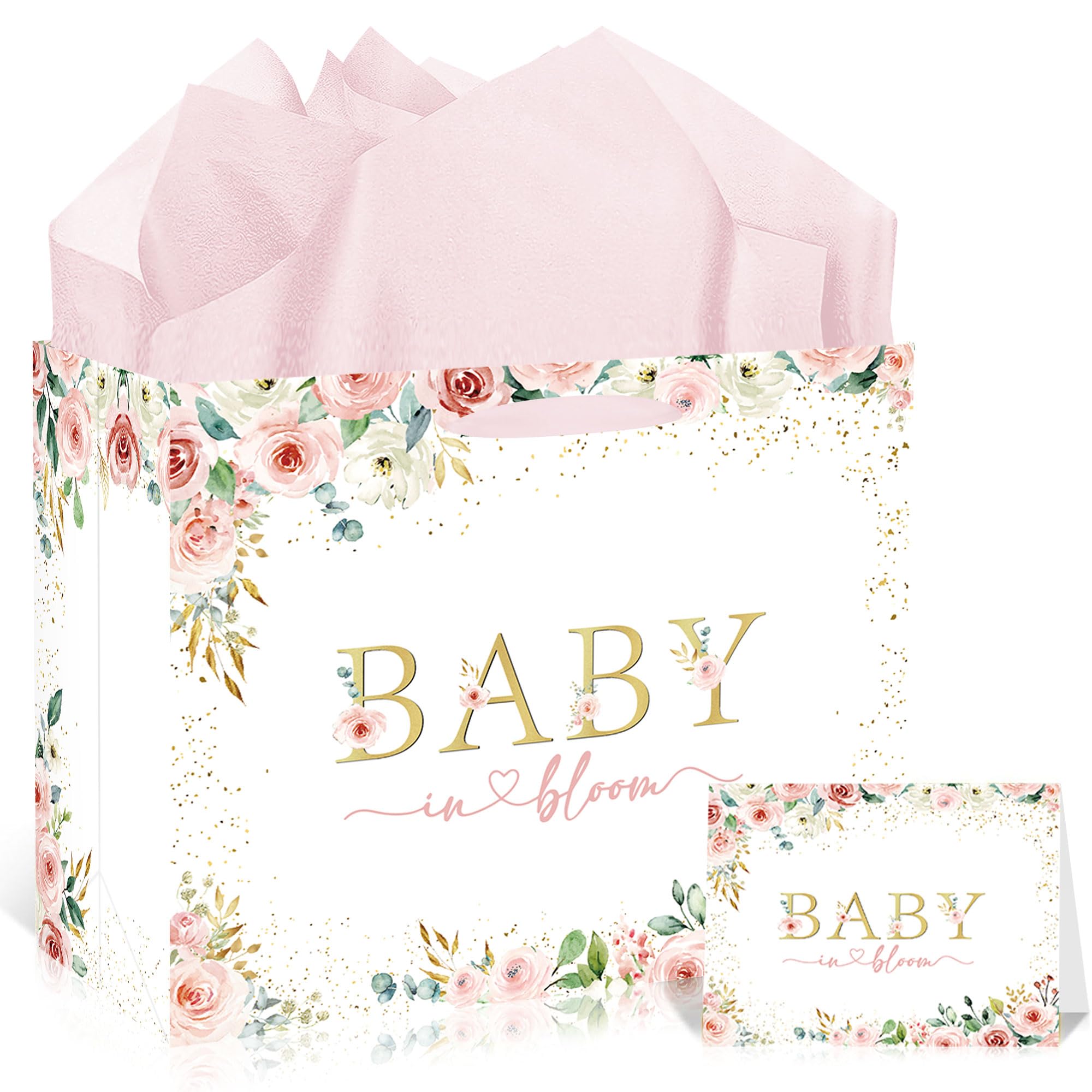 Baby Shower Decorations Gift Bag with Greeting Card and Tissue Paper, Baby in Bloom Floral Design, Welcome Baby Party Supplies for Newborn Celebration