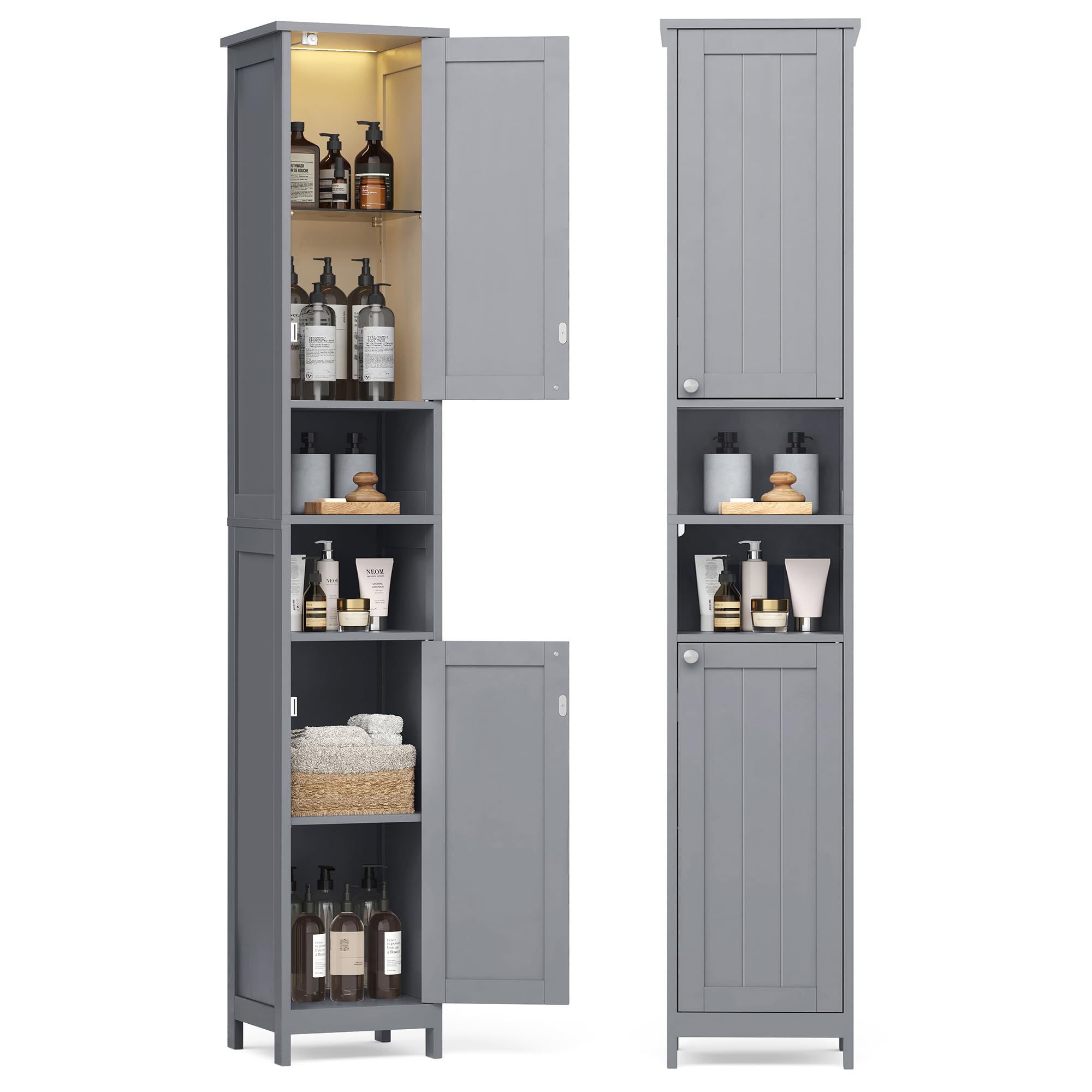 VASAGLE Mobile da Bagno con Luce, Armadietto Mobiletto da Bagno a Colonna con Ripiani Regolabili, Scomparti Aperti, per Piccoli Spazi, Moderno, Grigio Tortora BBC566G03