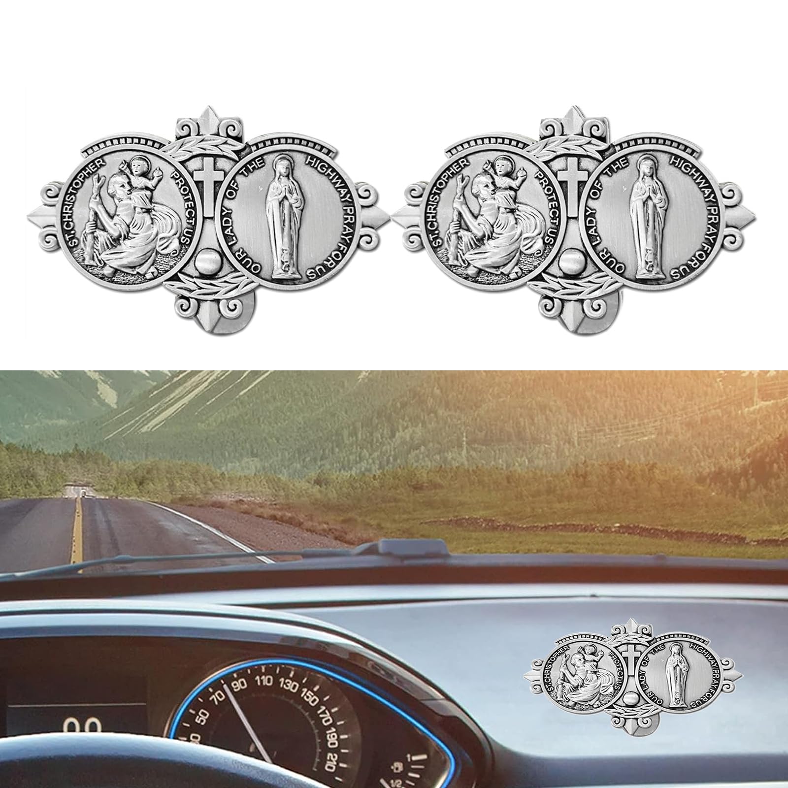 QODOLSI 2 PCS Car Visor Clips with St Christopher, Our Lady of The Highway Metal Vehicle Visor Decorations, Universal Antique Travel Badge Ornament Accessories for Cars SUVs Trucks (Silver)