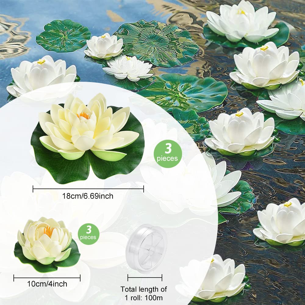 Set da 6 Ninfee Artificiali Galleggianti Fiori di Loto Finti Realistici 3 x 10cm e 3 x 18cm Decorazioni per Laghetti, Fontane, Acquari e Piscine, Resistenti agli Agenti Atmosferici (Beige)