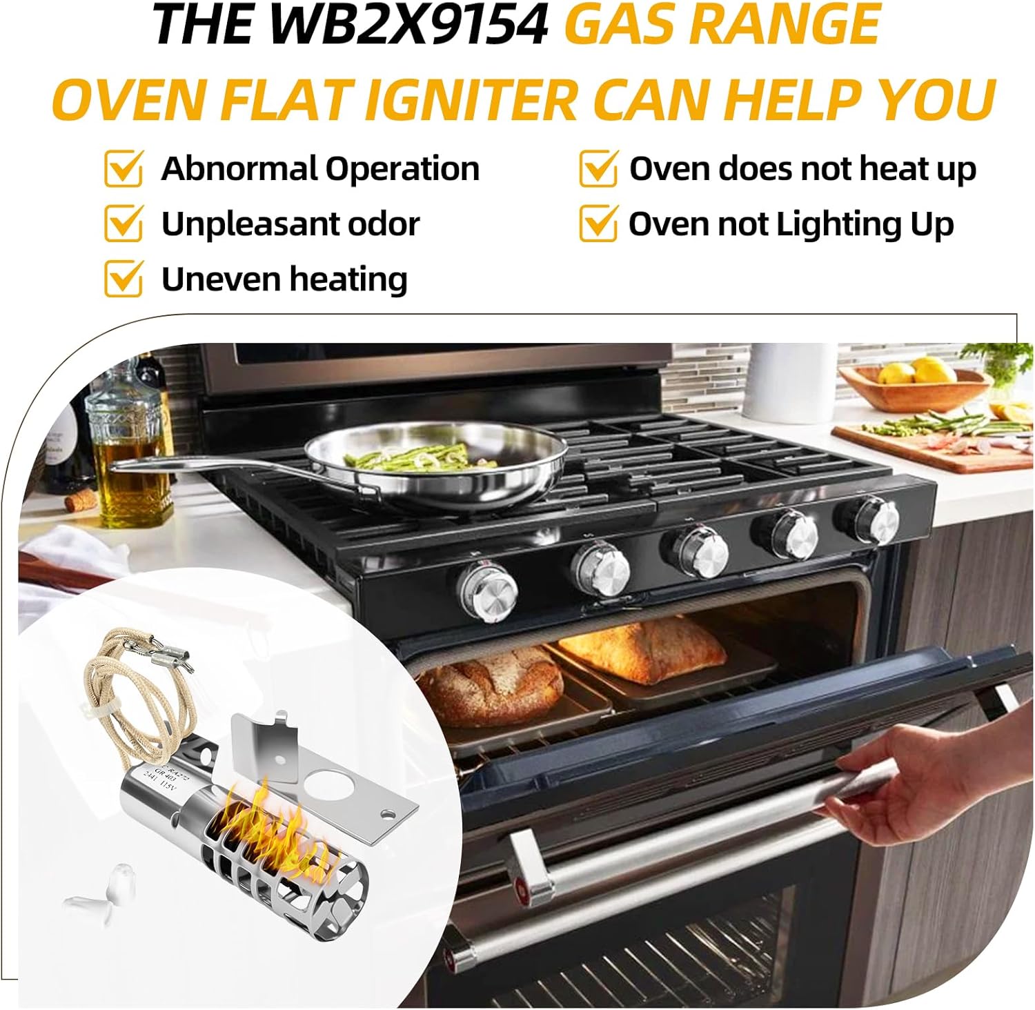 Upgrade WB2X9154 Oven Igniter Compatible with GE JGRP20BEJ2BB JGBP30AEW1AA JGBS66REK6SS, Gas Range Oven XL44 Round Igniter Replace WB13K10027 WB13K3 PS243425 4342528 (3-1/2 Inches long 120V 2.5-3.0 A）