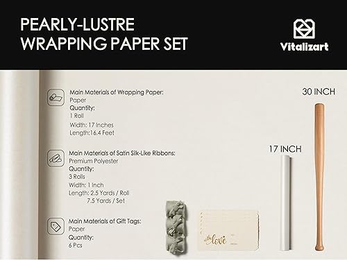 Miniatura 2 de Vitalizart Juego de Papel de Regalo Blanco 17" Perlado-Luster Con Cinta de Seda Satinada y Etiquetas de Regalo Reciclables Para Navidad, Cumpleaños,