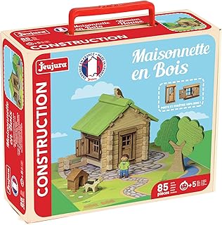 Jeujura - Maisonnette en bois - 85 pièces - Jeux de Construction dans sa valise en carton - A partir de 5 ans - Agilité - Créativité - Manipulation - Catalogue fourni - 8095
