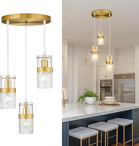 Miniatura 9 de LMS Paquete de 2 Luces Colgantes Modernas, Luz Colgante Dorada Cepillada para Isla de Cocina con Vidrio Martillado, Lámparas Colgantes Ajustables