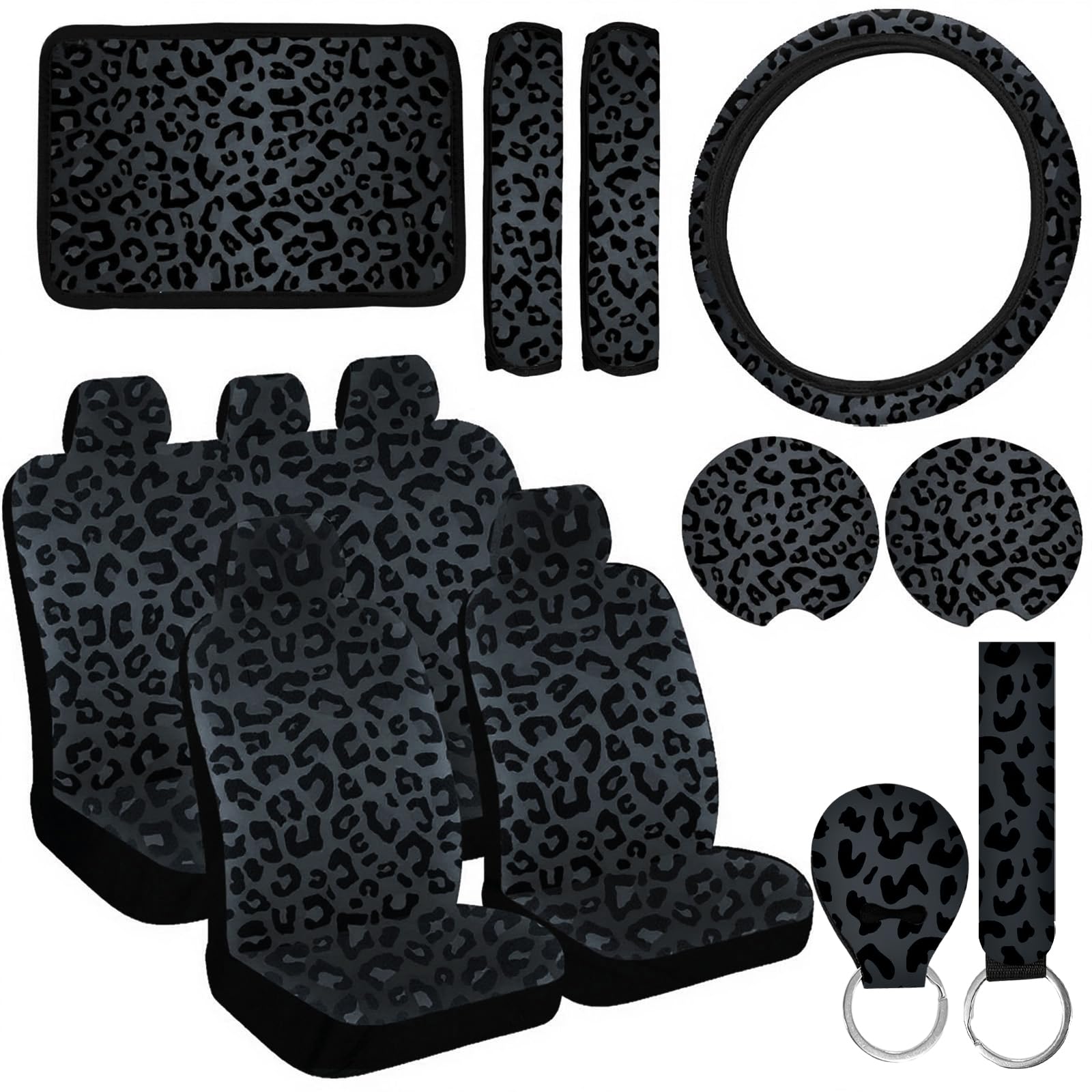 JINGSEN 15 Pieces Leopard Print Printing Car Steering Wheel Cover Center Console Armrest Pad Headrest Seat Belt Cover Handbrake Cover Keychain Coaster Full Set Car SUV （Black Leopard Print）