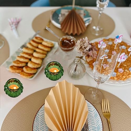 Miniatura 9 de Woho Juego de 12 portavelas con velas de té verde, portavelas votivas verdes a granel para centro de mesa de boda, portavelas para fiesta de