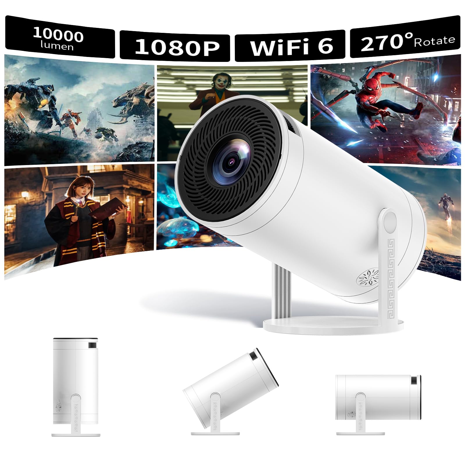 Proiettore,Mini Proiettore con WiFi e Bluetooth 4K,Supporto Regolabile 270°,Proiettore Cinematografico Portatile all'aperto,Teatro Domestico,Proiettore Nativo 1080P FHD/Android TV,HDMI