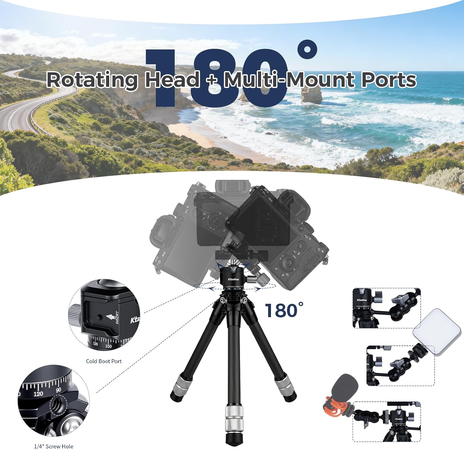 KK-1MT Ultra-Lightweight Portable Carbon Fiber Tripod ith Extension Pole (+26cm), Arca Quick-Release,360° Swivel Ball Head, ColdShoe&1/4" Mounts – Portable 2-in-1 Stand for DSLR,iPhone,Vlog