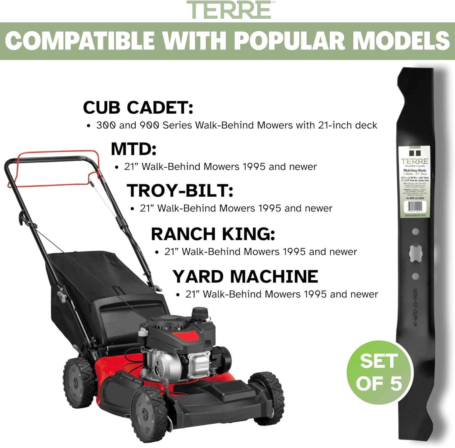 Terre Products, 5 Pack Mulching Lawn Mower Blades, 21 Inch Deck, Compatible with MTD, Cub Cadet, TroyBilt, Replacement for 742-04100, 742-0741, 742-0741A, 942-0741, 942-0741A, 1995 and After