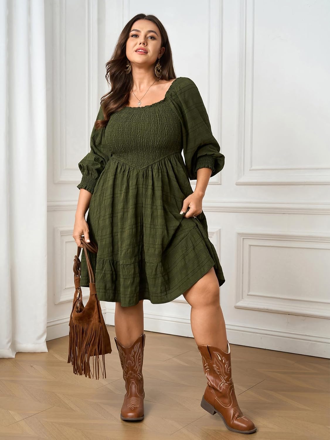 Womens Plus Size Dress Fall Casual Puff Long Sleeve Square Neck Empire Waist Tiered A-line Mini Short Dress - Image 7