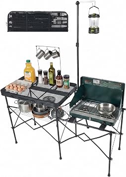 TIMBER RIDGE Portable Camping Kitchen Station, Folding Outdoor Cooking Grill Table with Heat-Resistant Steel Mesh Top & Storage Shelves, Heavy Duty Picnic RV Tailgating BBQ Easy Setup, 110lbs Capacity