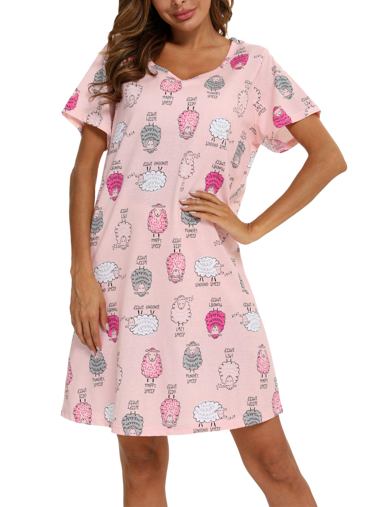 ENJOYNIGHT Camiseta de dormir de algodón para mujer, manga corta, estampado Sleepshirt