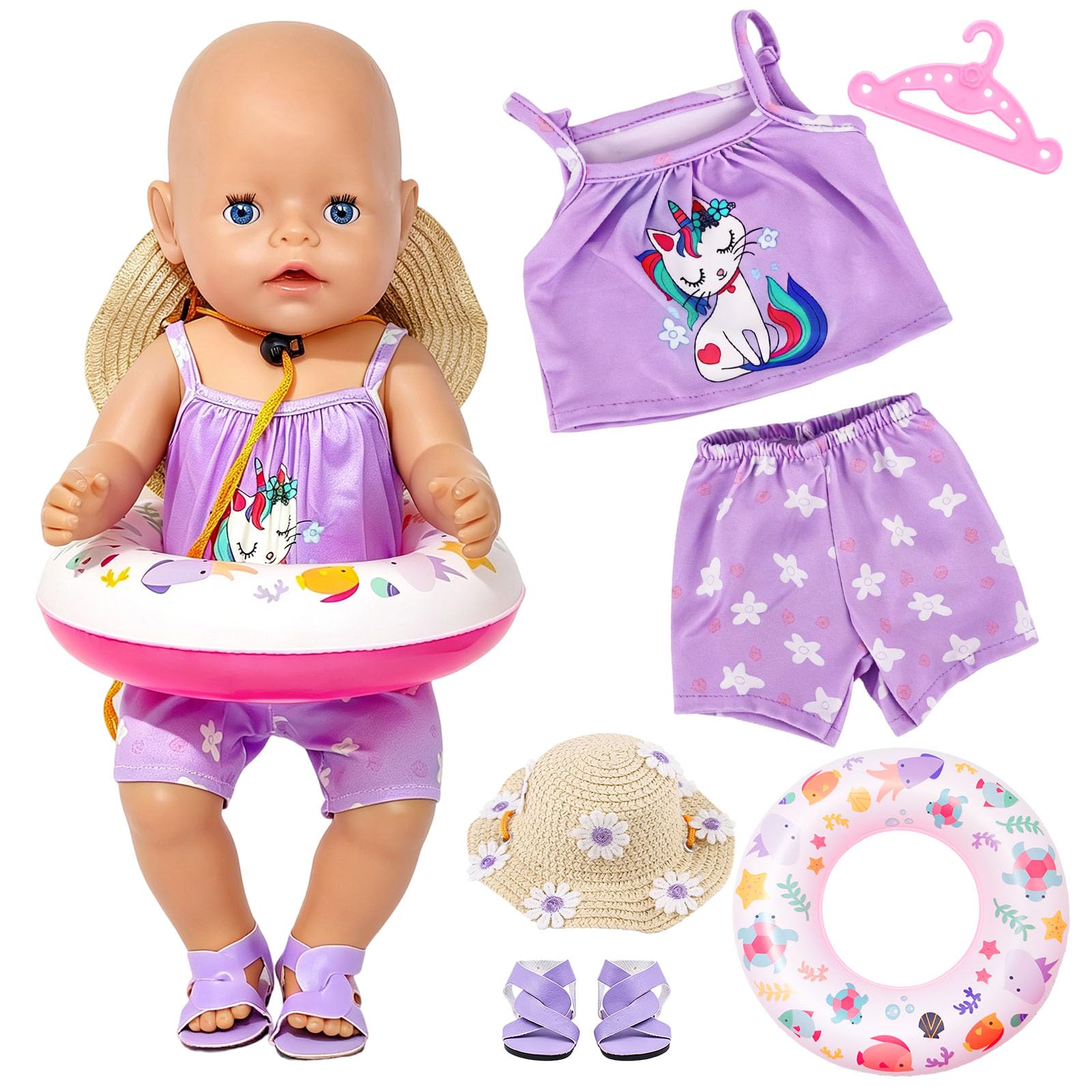 Doll Clothes Set for 14-18 Inch Dolls, Cat Summer Outfit with Swimsuit Ring, Straw Hat, Sandals and Hanger, Doll Accessories for 35-45cm Baby Dolls