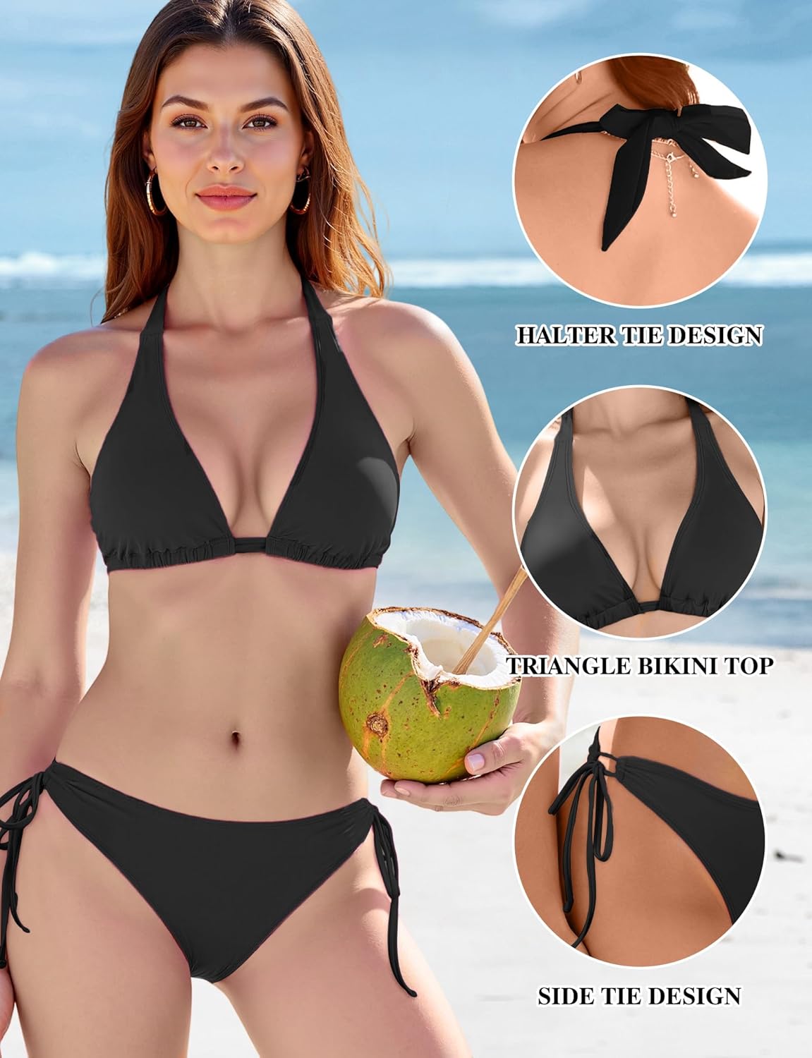 Buauty Womens Adjustable Bikini Set V Neck Halter Top Bathing Suit Crisscross Back Triangle Bottoms Side Ties Swimsuit - Image 5