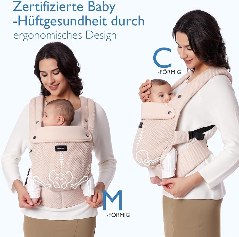Momcozy Légáteresztő Hálós Babahordozó 3-20 kg Gyermekeknek, Ergonomikus Deréktámasszal, Rózsaszín Könnyű Kenguru Elöl Hordozáshoz, Géppel M