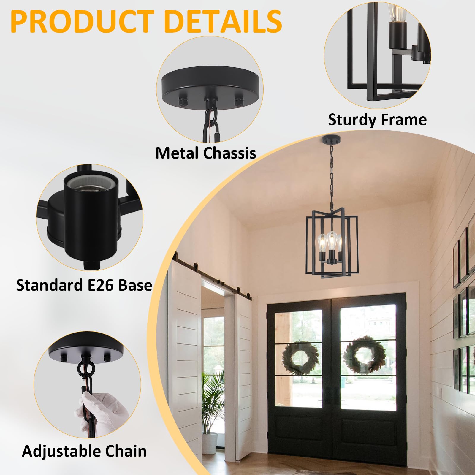Black Farmhouse Modern Chandelier Light Fixture for Dining Room, 3 Light Rustic Kitchen Island Metal Pendant Hanging, Adjustable Geometric Foyer Light Fixtures for Entryway Hallway Living Room - Additional View