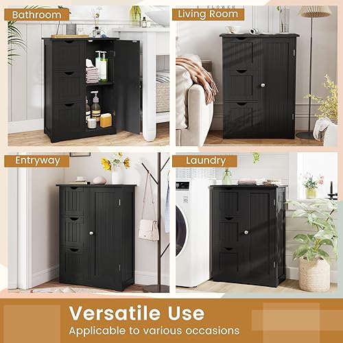 Miniatura 9 de Tangkula Armario de suelo de baño, armario de almacenamiento independiente con 3 cajones y una sola puerta, estante ajustable, almacenamiento de