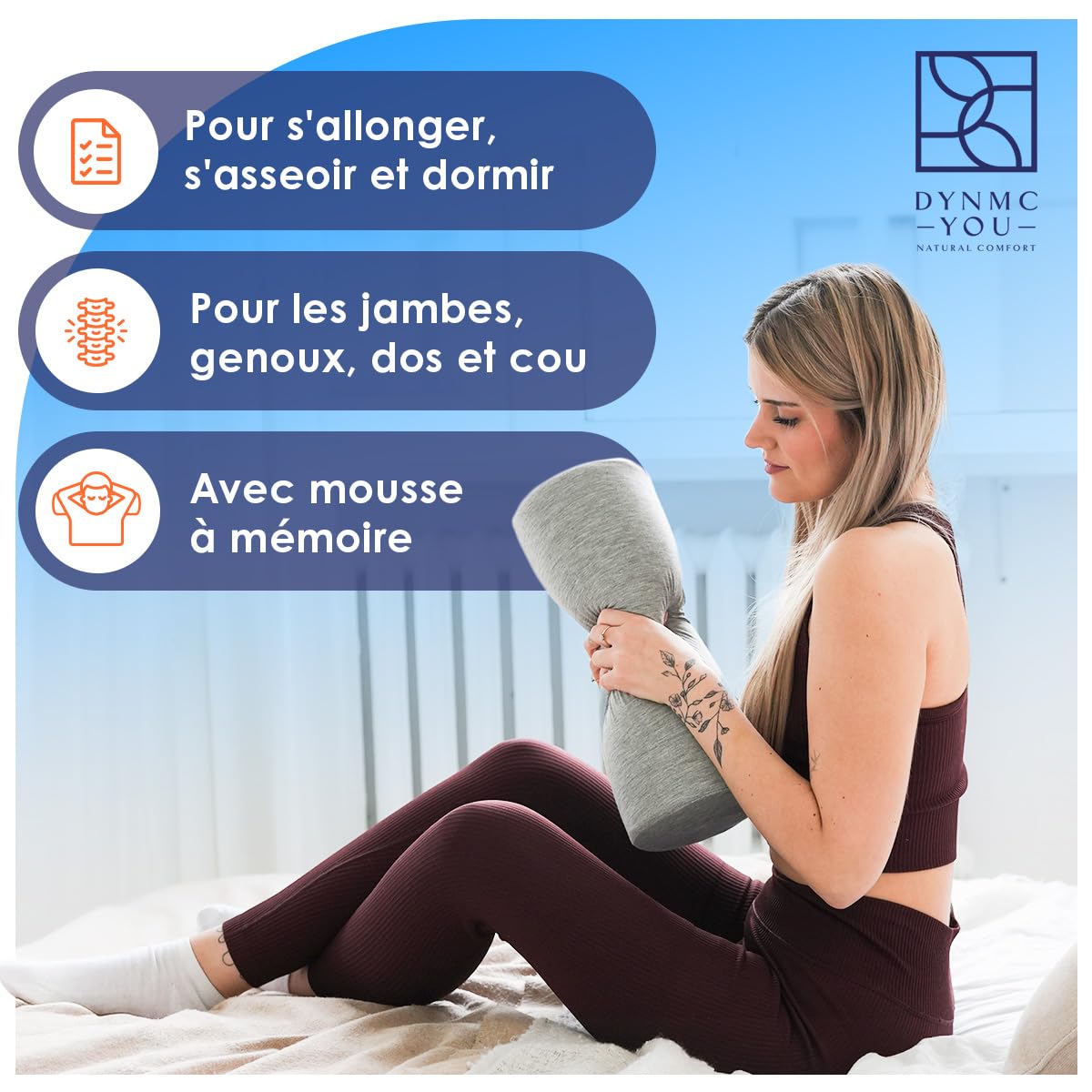 Traversin cervical 40 cm avec housse – coussin genoux & positionnement | Traversin en mousse à mémoire · pour nuque, genoux & jambes · positionnement · housse bambou lavable · OEKO-TEX