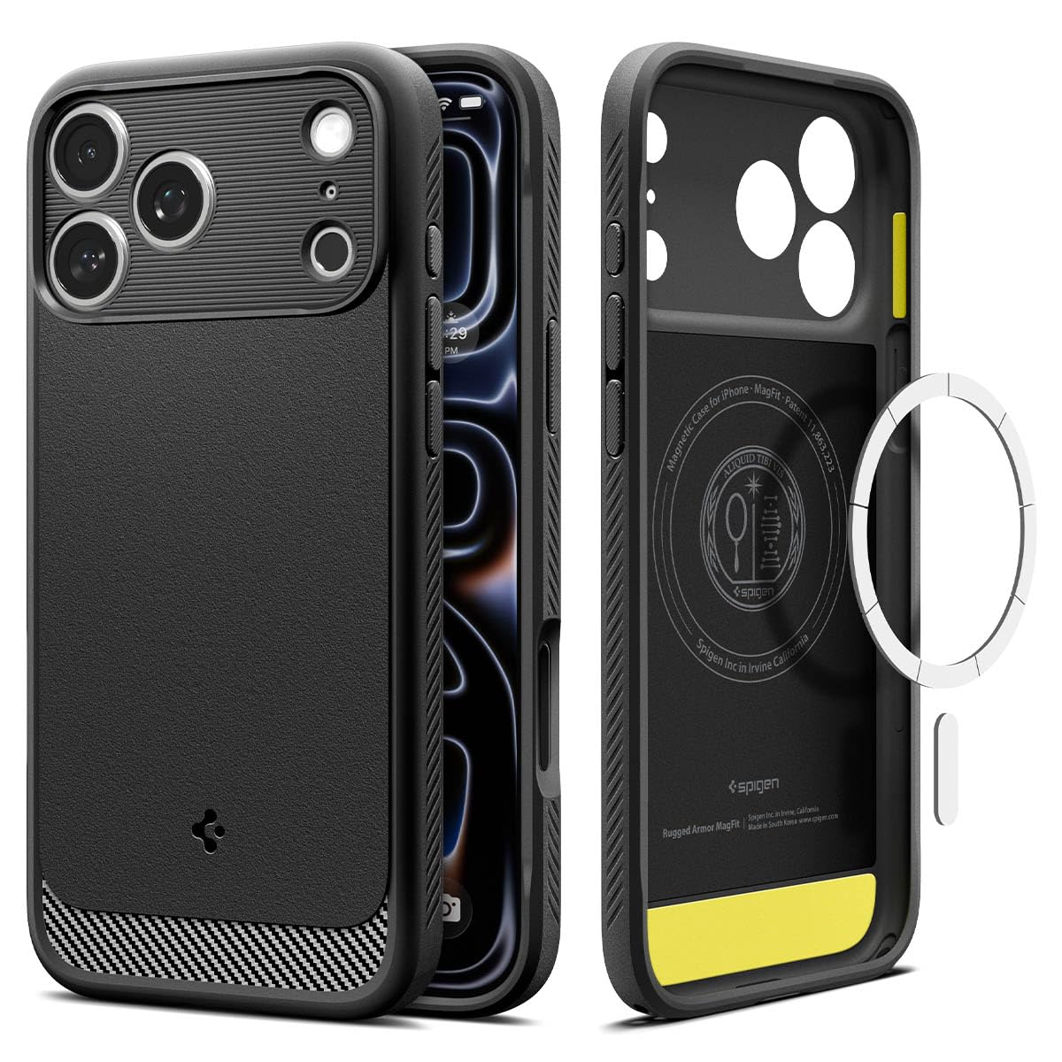 Spigen iPhone 17 Pro Hülle [Spigen Premium Qualität] Rugged Armor MagFit Case Carbonfaser Muster Handyhülle TPU Schutzhülle Kompatibel mit MagSafe –Matte Black