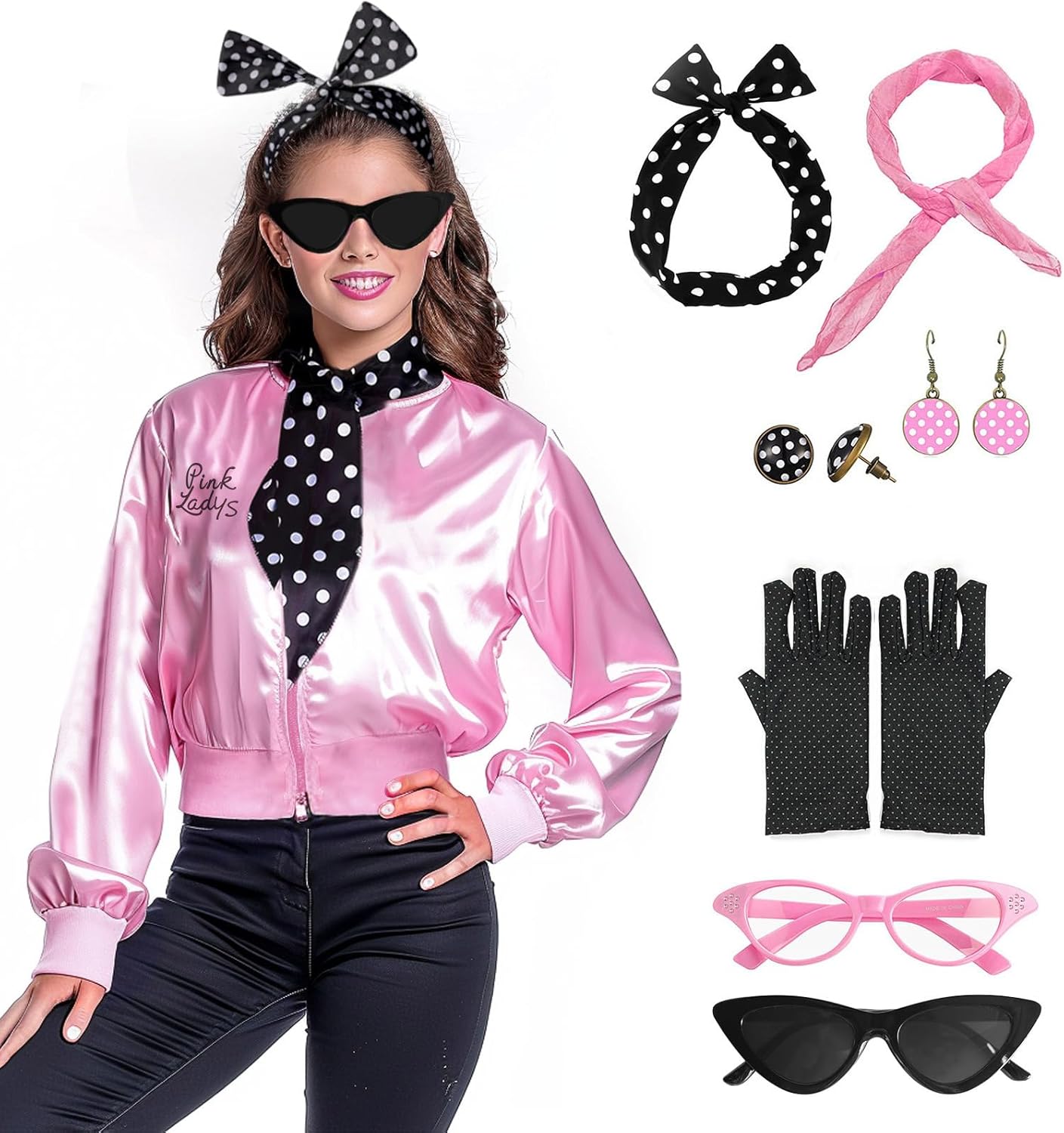 FAYBOX Pink Satin Ladys Jacket 50s Outfit Costume for Women,Halloween Costumes Accessories Adults