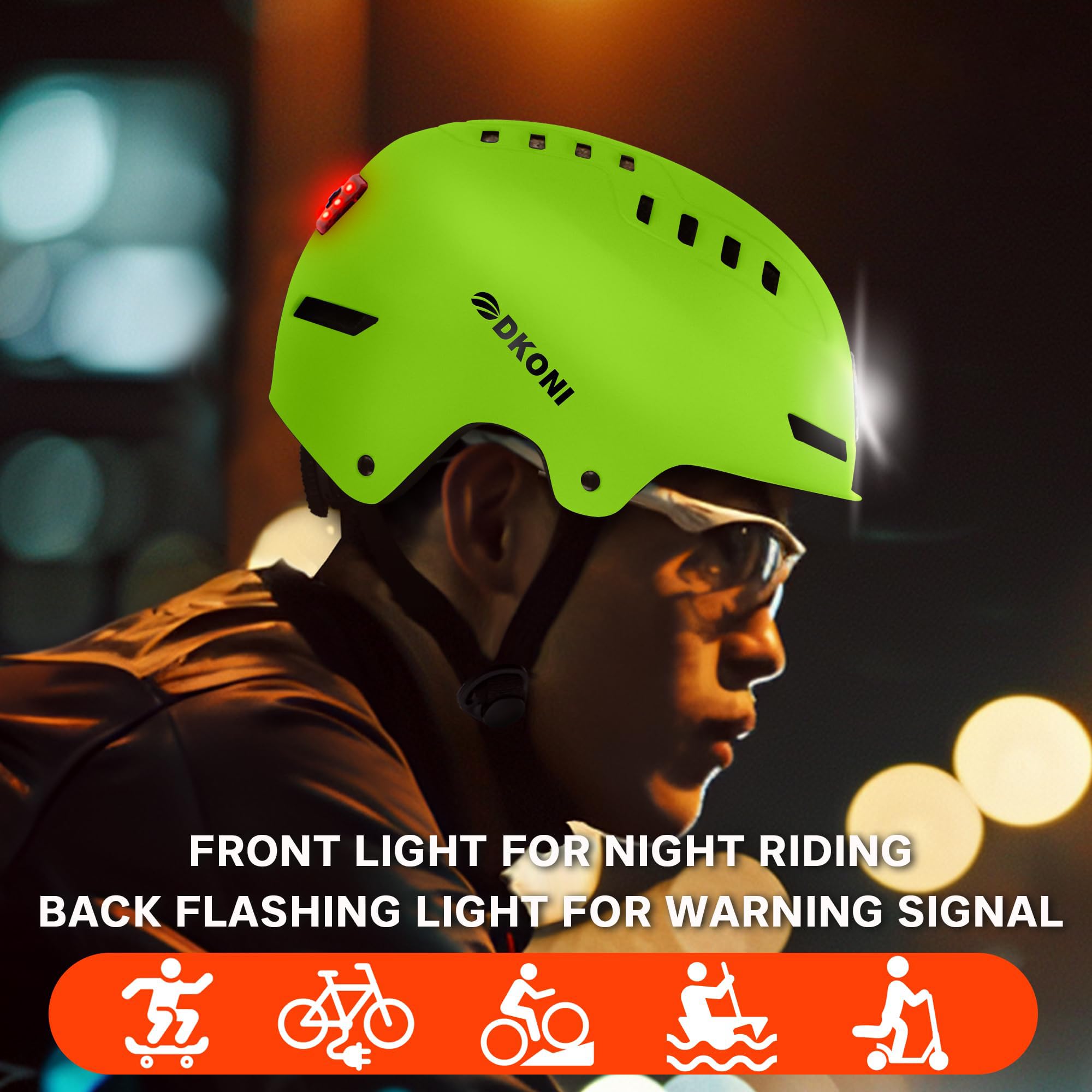 DKONI Casque de vélo avec lumières LED - Casque de vélo Rechargeable par USB - avec lumière LED Avant et arrière - pour Homme et Femme