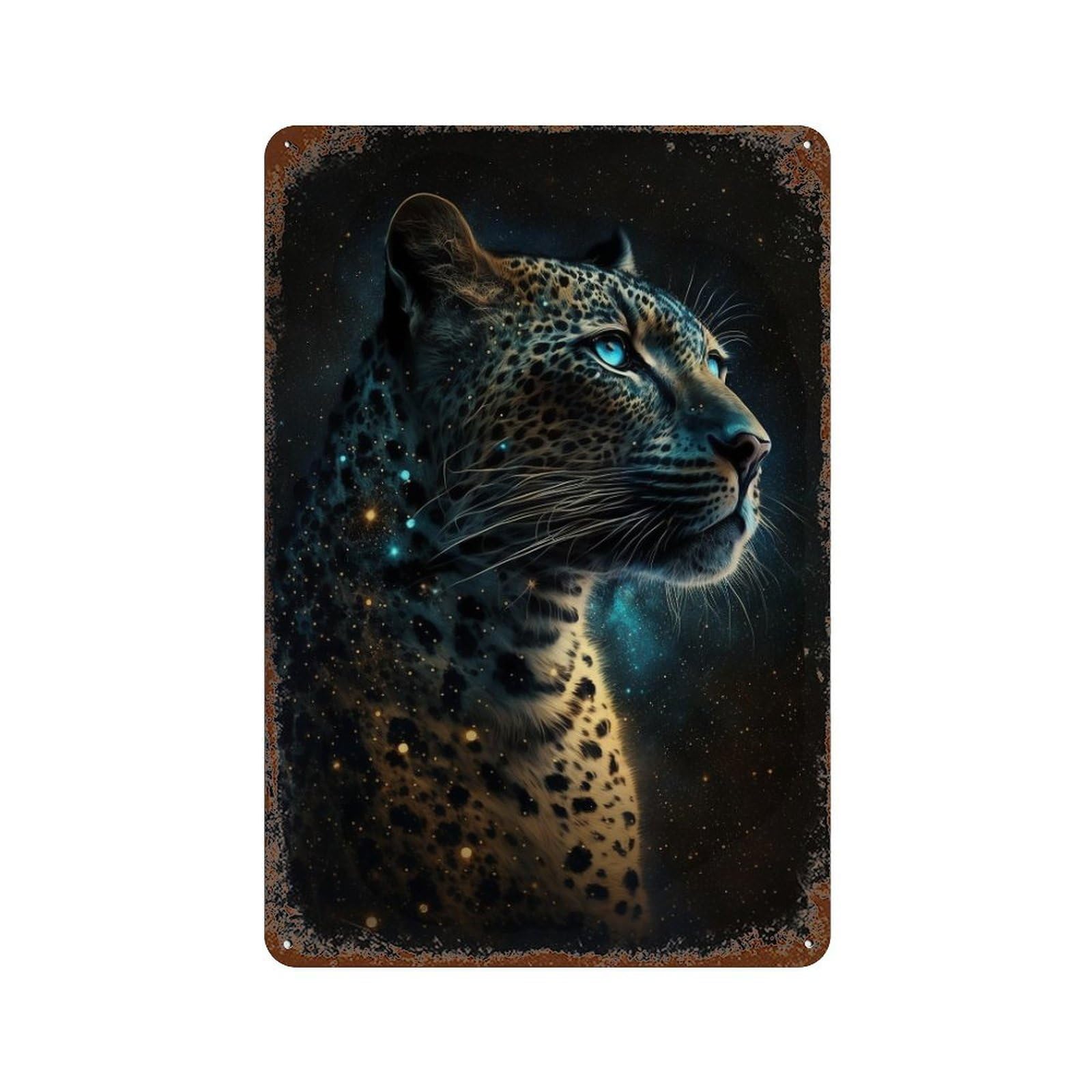 Galactic Leopard Portrait Distressed Metal Wall Sign 11.8"x7.9", Shabby Chic Decor for Garage, Pub Or Kitchen