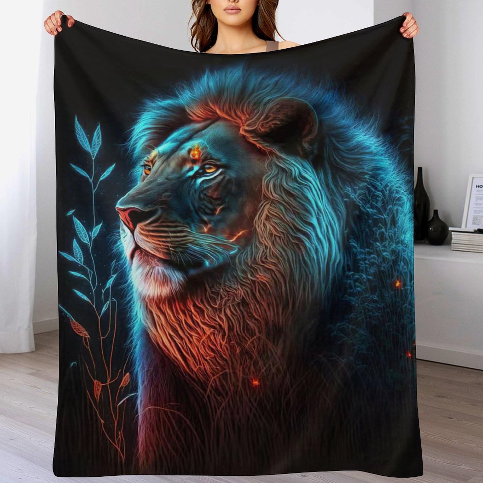 Couverture séjour en polaire motif lion pour des soirées cocooning