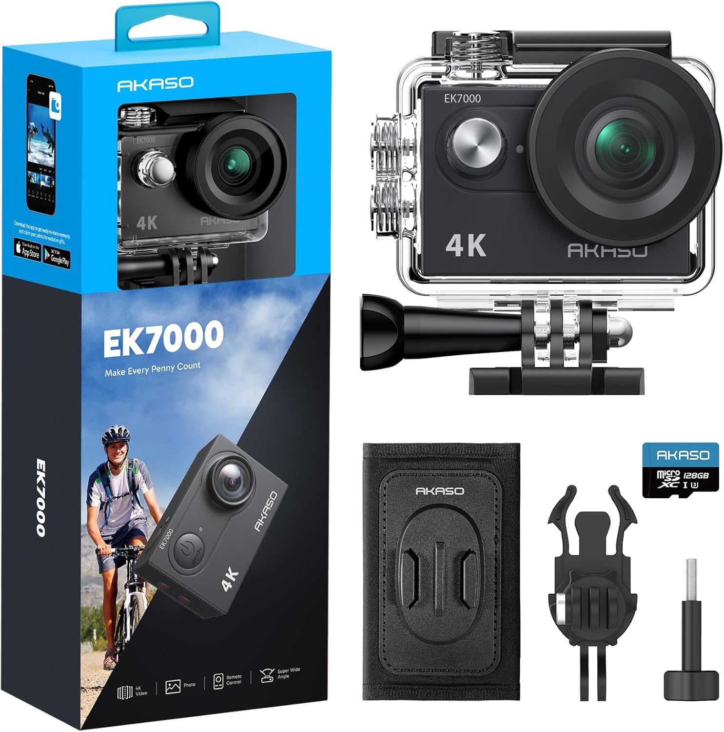 AKASO EK7000 Action Camera with MicroSDXC U3 Card and Quick Release Backpack Shoulder Strap Mount Accessories Kit Bundle