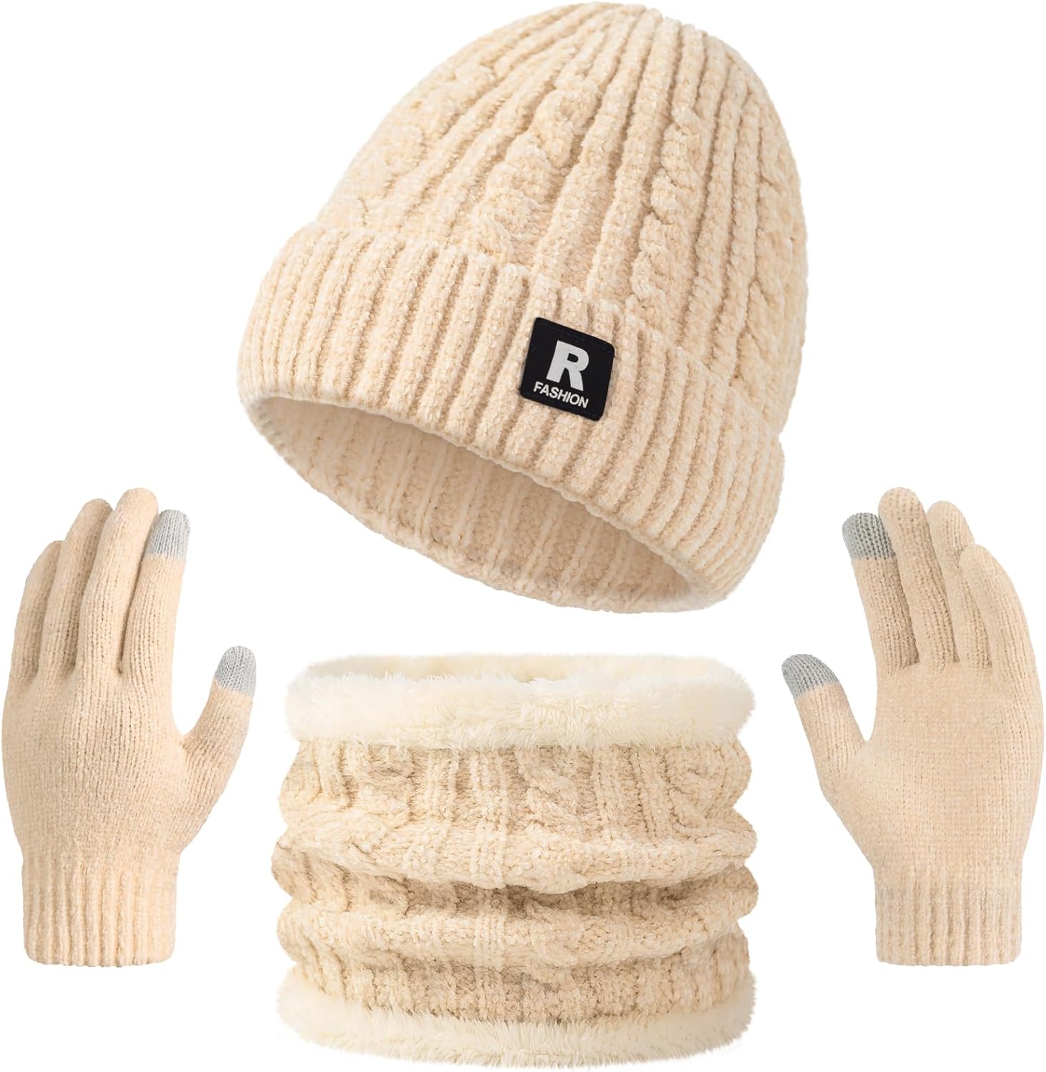 Winter Beanie Hat Scarf Gloves Set, Warm Fleece Lined Skull Cap Neck Warmer Winter Gloves for Men Women