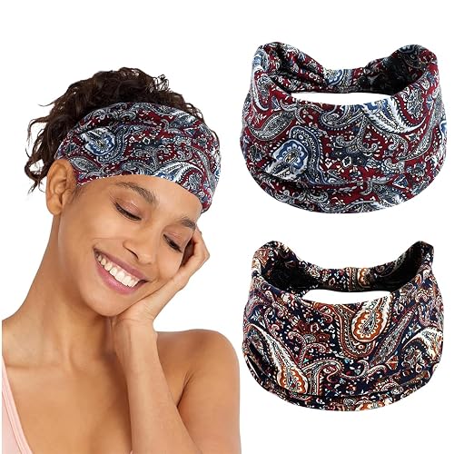 MAYCREATE® 2Pcs Fashion Sport Headbands for Women Moisture-Wicking Headbands Stretchy Pre-tie Running Hairbands Quick Drying Boho Stylish Sport Head Bands for Yoga, Jogging