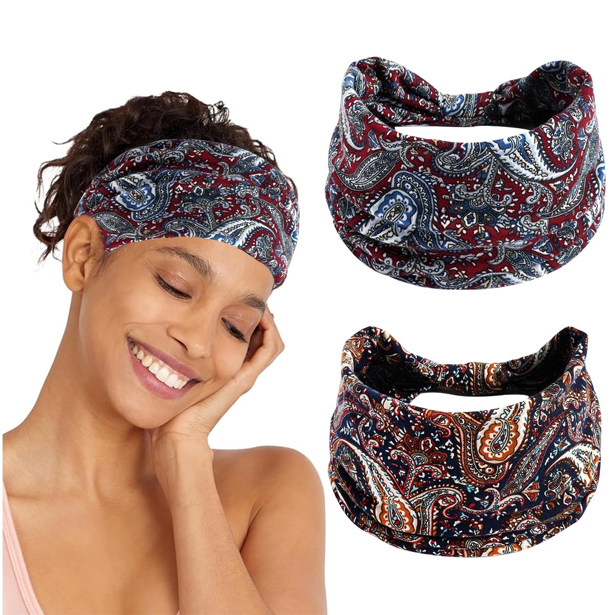 2Pcs Fashion Sport Headbands for Women Moisture-wicking Headbands Stretchy Pre-tie Running Hairbands Quick Drying Boho Stylish Sport Head Bands for Yoga, Jogging