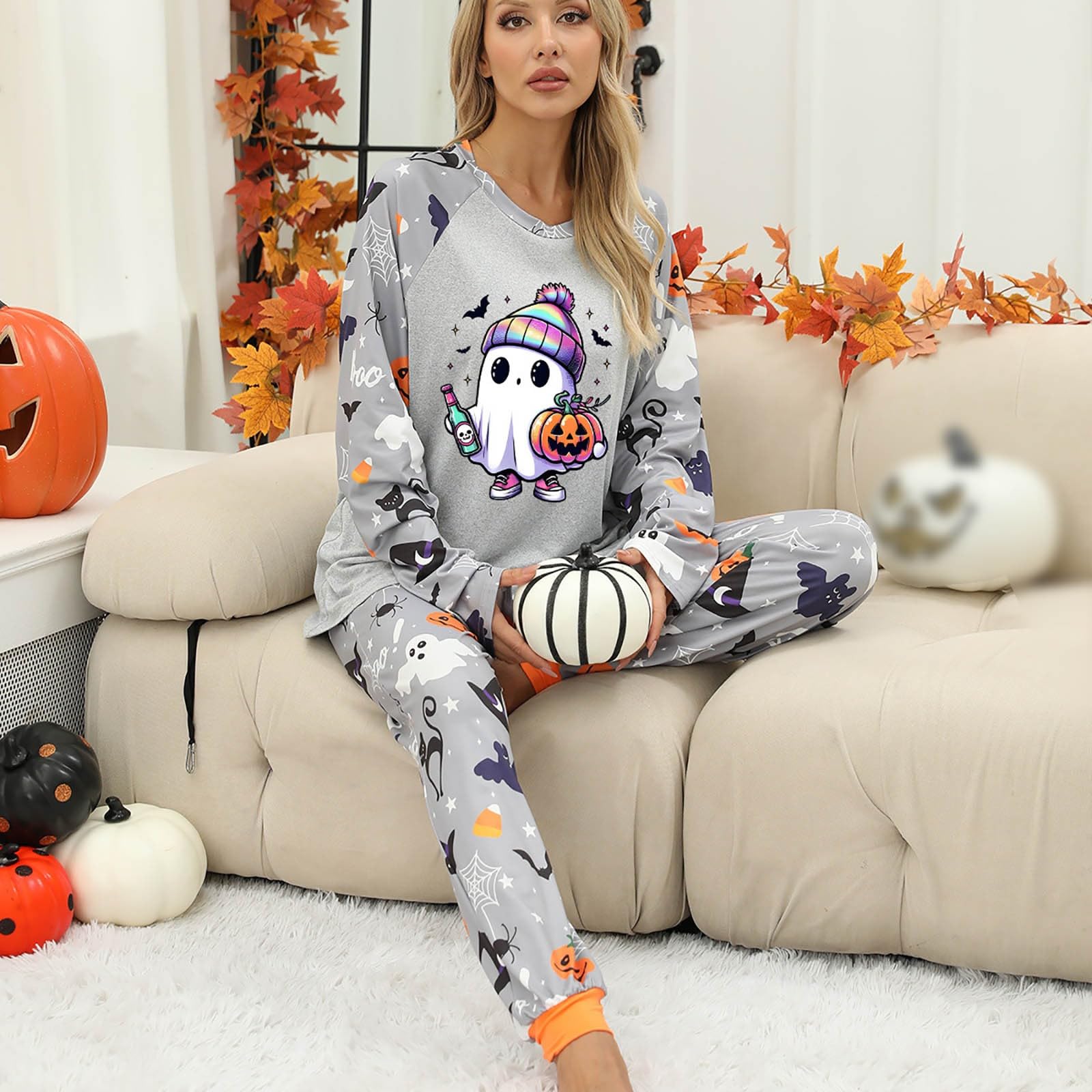 Genérico Conjuntos de Pijama para Mujer Ropa de Dormir Halloween Atuendo Acogedor hogareño Conjunto Dos Piezas y cómodo Pijama Festivo Femenino