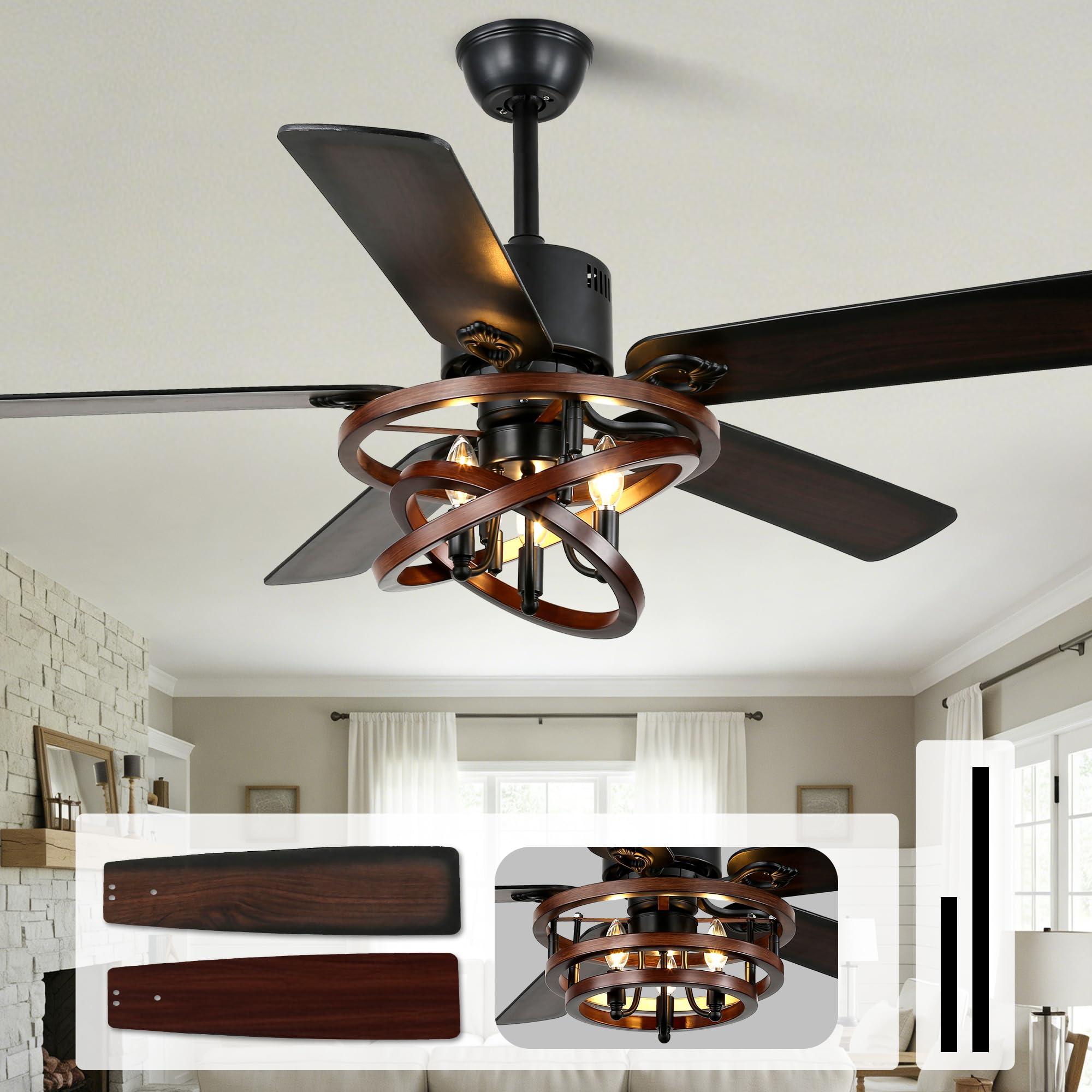 52" Farmhouse Rustic Chandelier Fan with Light