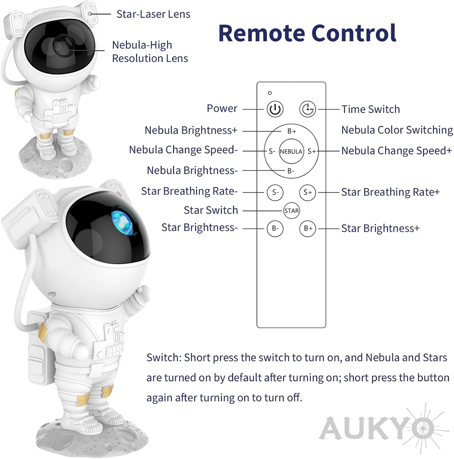 AUKYO Astronaut Starry Projector 360° Adjustable Galaxy Projector Light with Remote Control Spaceman Night Light Suitable for Gaming Room, Home Theater, Kids Adult Bedroom, Birthday, Valentine's Day
