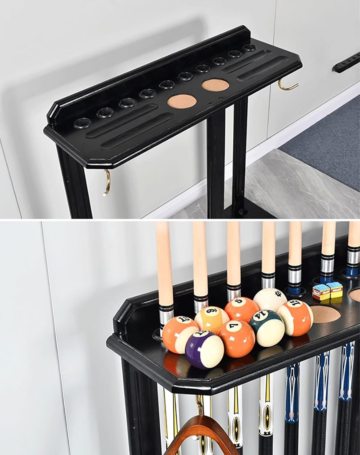 10-Cue Billiard Cue Rack - Hard Wood Pool Stick Holder Stand for Balls, Durable Cue Storage Solution for Game Room, Perfect for Billiards Enthusiasts