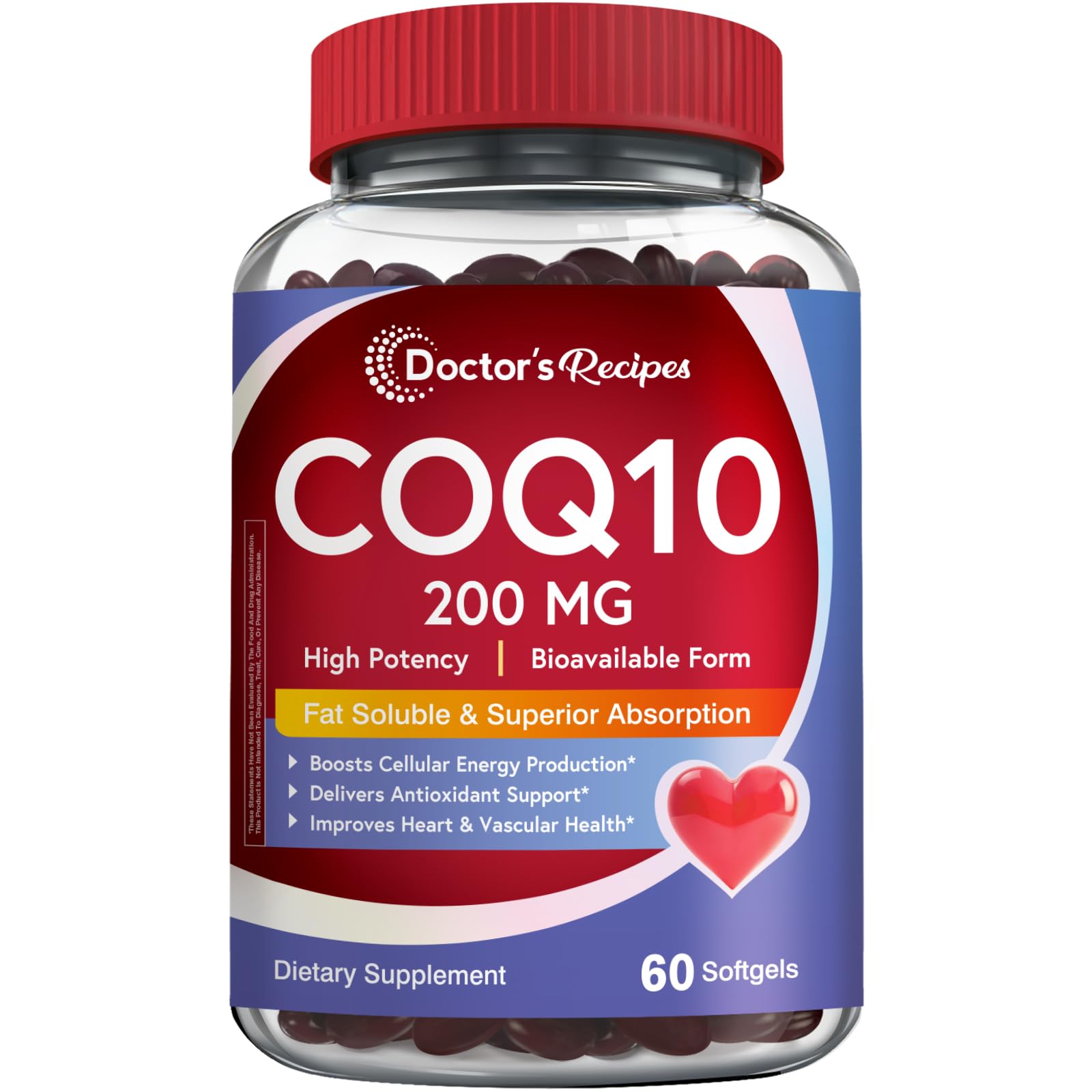 Doctor's Recipes CoQ10 200mg, Highly Absorbable Coenzyme Q10, Antioxidant Support & Cellular Energy Boost, Improves Heart, Vascular Health, Non-GMO, 60 Softgels, 2 Month Supply