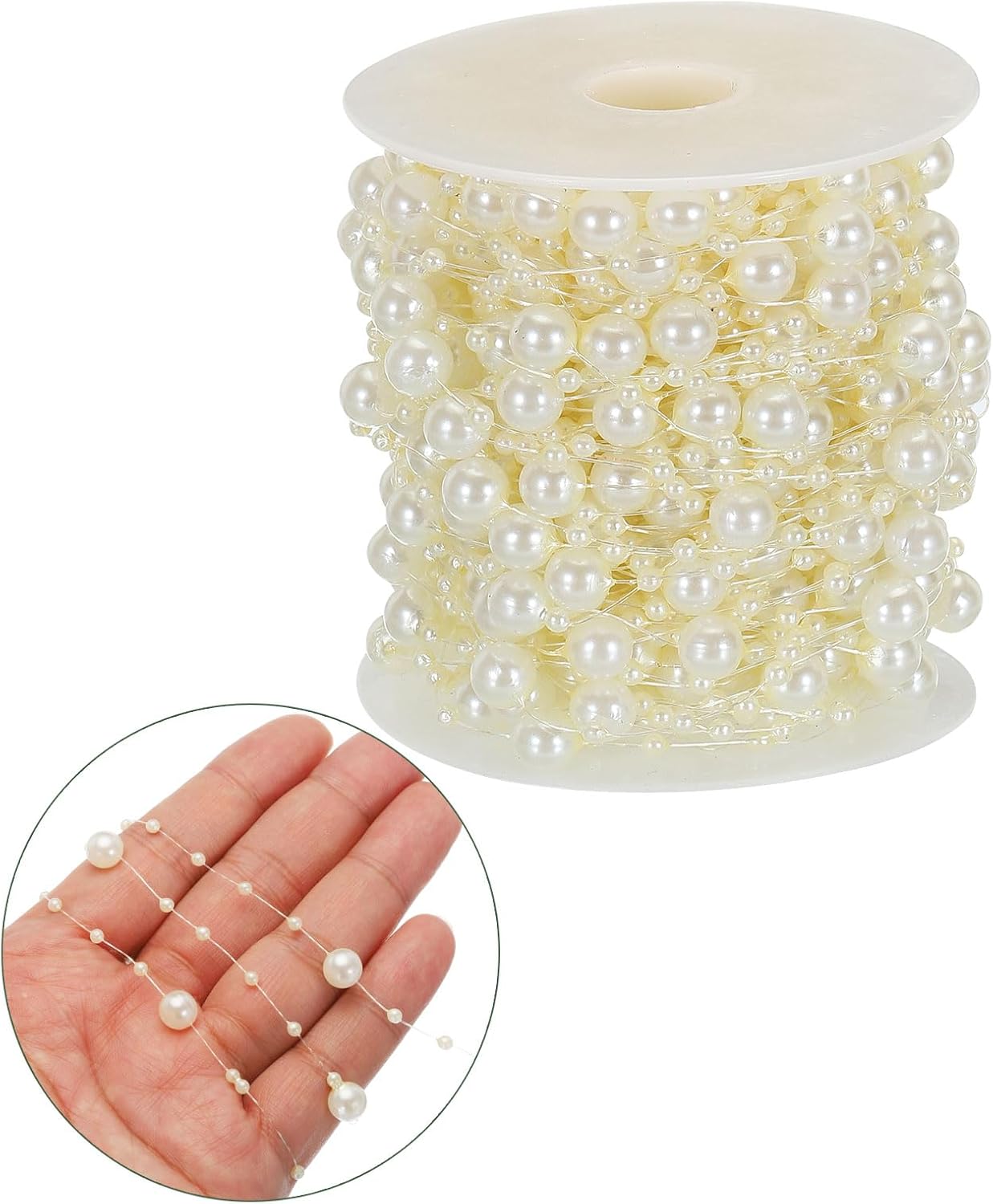 YOKIVE Beige Pearl Wired Garland, 98.4Ft Exquisite Artificial Pearls Strands 8mm OD Faux Pearl Beads Garland for Wedding Party Decoration DIY Crafts