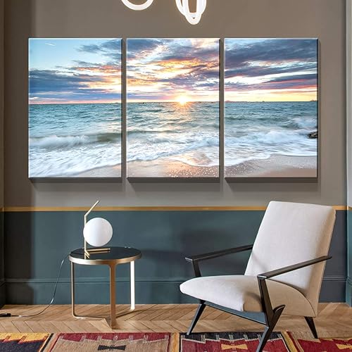 Miniatura 2 de Denozer - Lienzo decorativo de 3 paneles para decoración del hogar, mar azul, puesta de sol y playa, pintura blanca, impresión sobre lienzo, paisaje