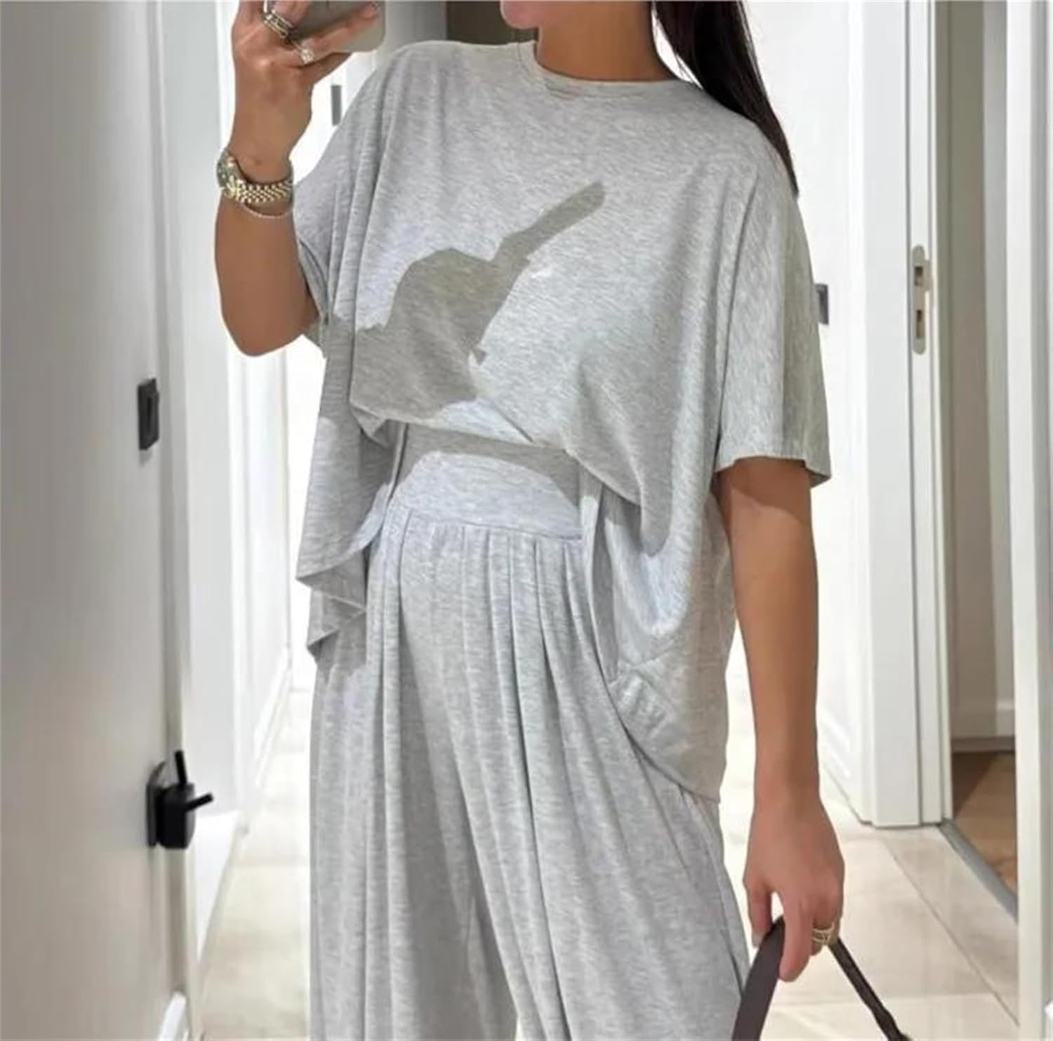 Women’S Casual T-Shirt Short Sleeve Top 2 Piece Set Loose High Waist Wide Leg Trousers Pants Set Casual Pant Suits Set