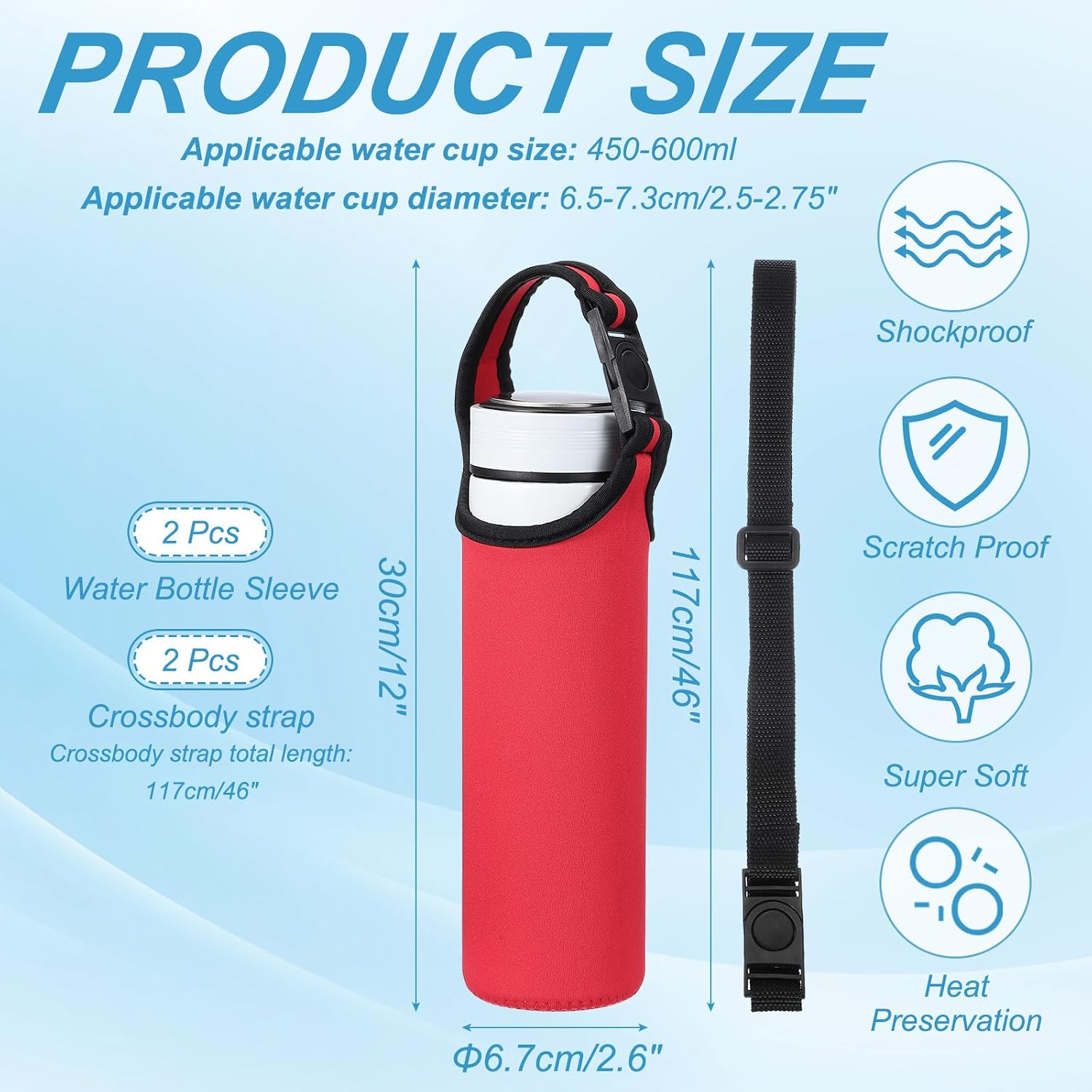 uxcell 2pcs Neoprene Water Bottle Sleeve, 15.5-20oz Insulated Water Glass Bottle Carrier Bag Collapsible Drink Bottle Sleeve Cover Holder with 2 Straps, Red image 2