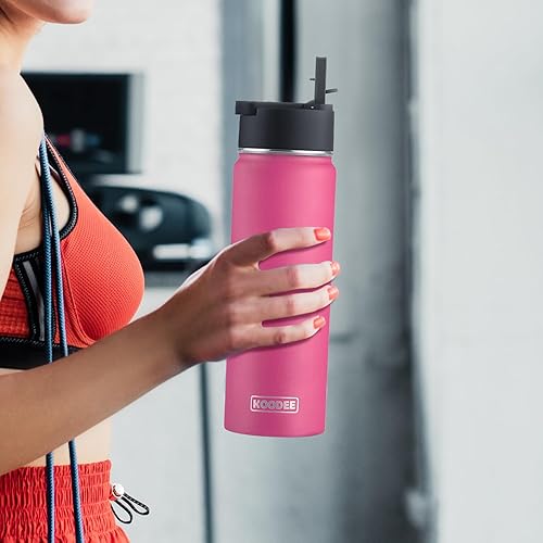 Miniatura 8 de koodee Paquete de 2 botellas de agua de 22 onzas de acero inoxidable de doble pared aislada al vacío con pajilla, reutilizable, sin BPA (rojo cañón
