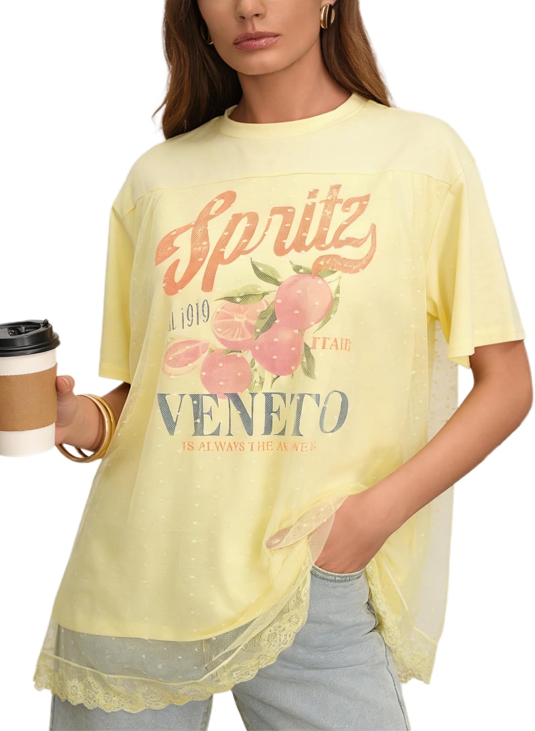 CSDAJIO Trendy Crew Neck Oversized T Shirts for Women Short Sleeve Loose Graphic Tee Summer Lace Top