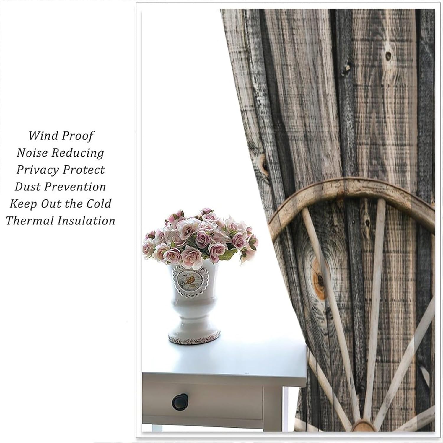 Barn Wood Wagon Wheel Curtains Rustic Wooden Barn Door and Vintage Rusty WheelWindow Drapes Rod Pocket Curtains Darkening Thermal Insulated for Living Room 72x63in
