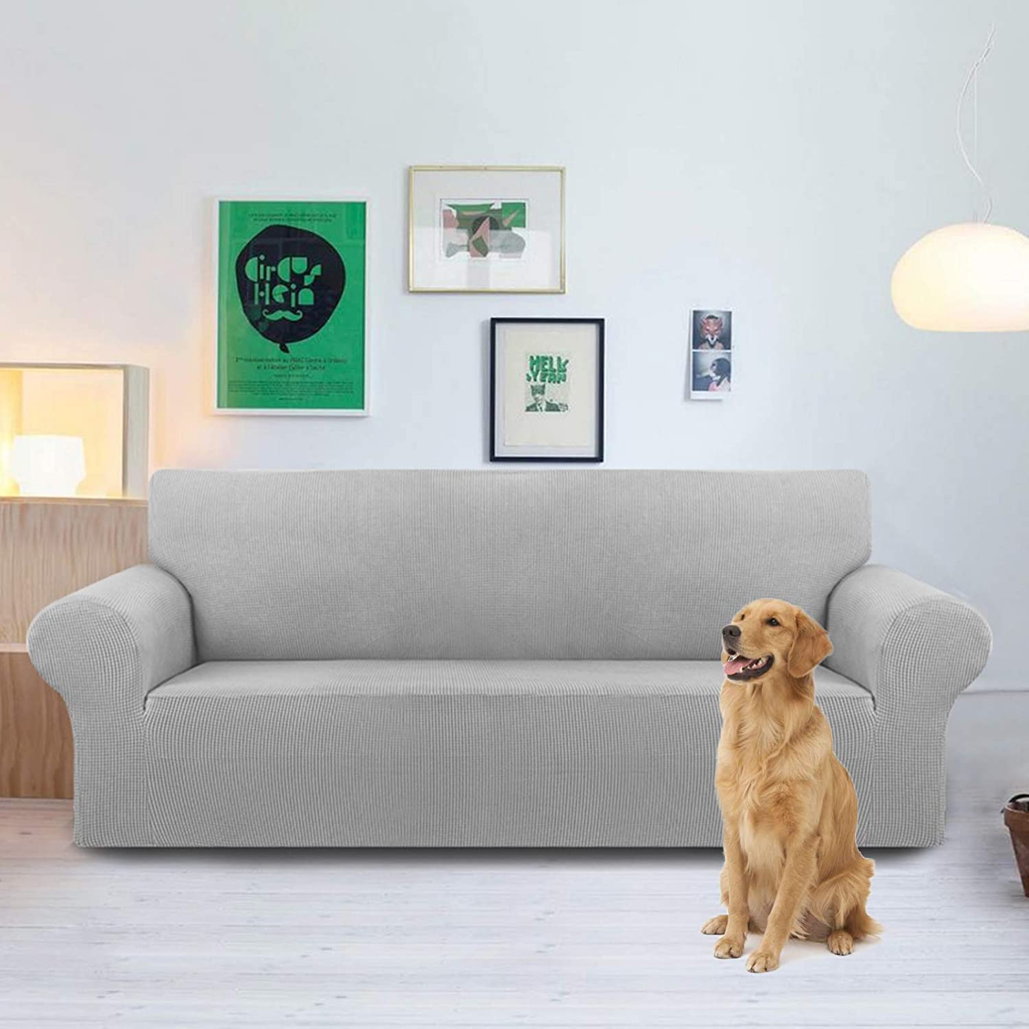 T/G ThinsGo High Stretch Sofa Cover, Anti-Slip Sofa Cover for 1/2/3/4 seats, Spandex Jacquard Fabric Small Checks Washable Furniture Protector Cover for Living Room, Kids, Pets (Light Grey,3 SEATS)