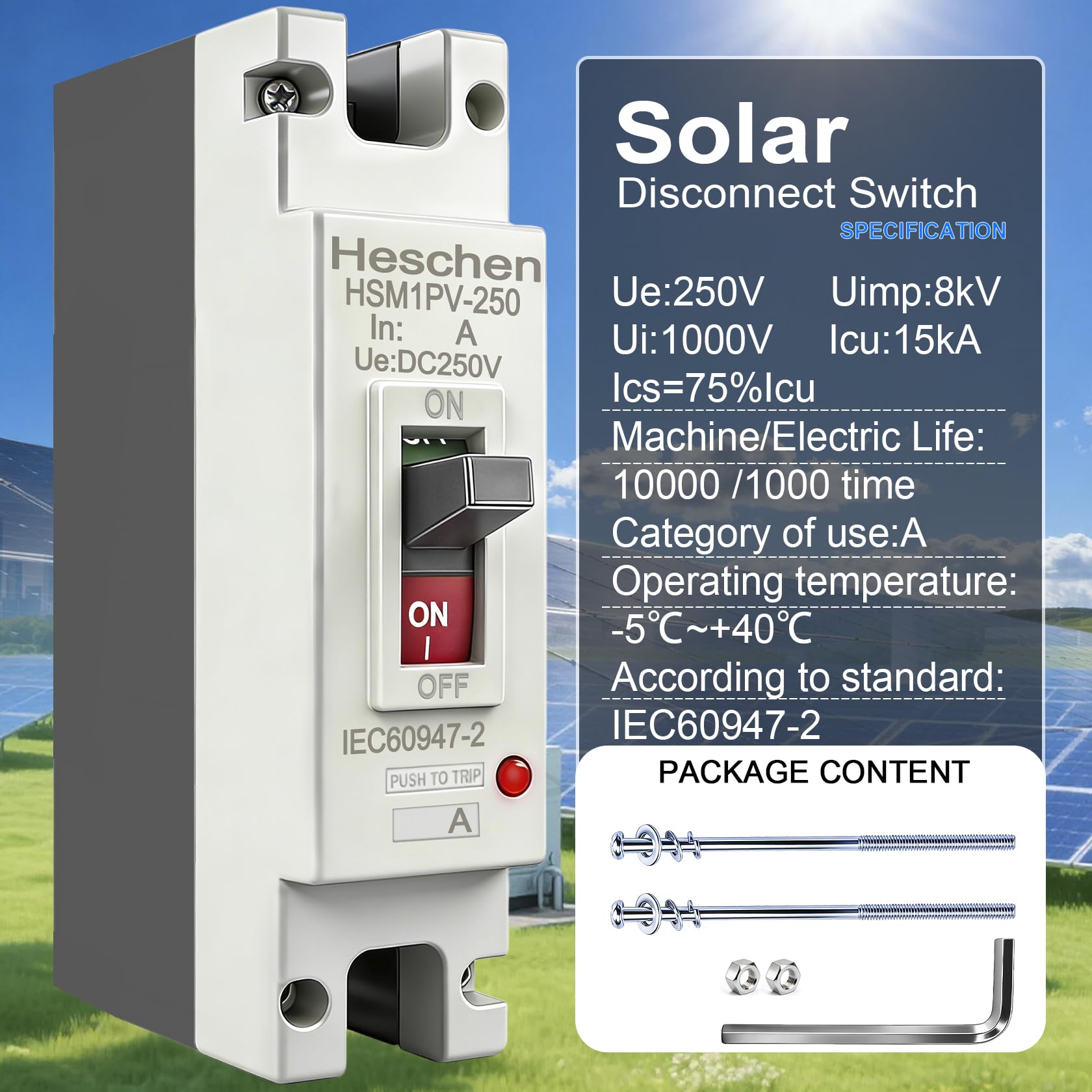 Heschen Interruttore DC MCCB 1 polo, DC250V interruttore fotovoltaico, per impianto solare PV (250A HSM1PV-250)