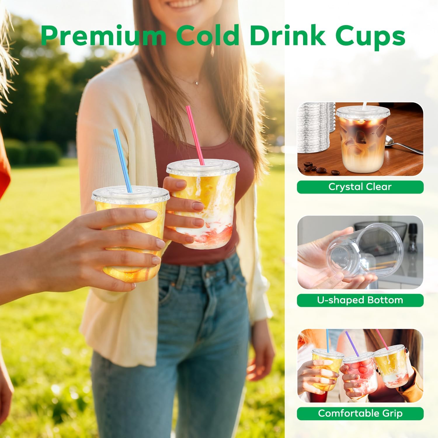 50PCS 12 oz Clear Plastic Cups with Lids and Colorful Straws, Round Bottom Disposable To Go Iced Coffee Smoothie Juice Boba Cups, PET Party Cups for Holiday, Birthdays, Picnics, Valentine's Day - Image 5