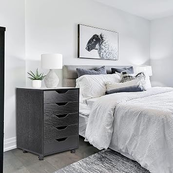 5 Drawer Chest Storage Cabinet Dresser, Wood Nightstand, Mobile Organizer Drawers for Office Bedroom Hallway Entryway Closets,Black